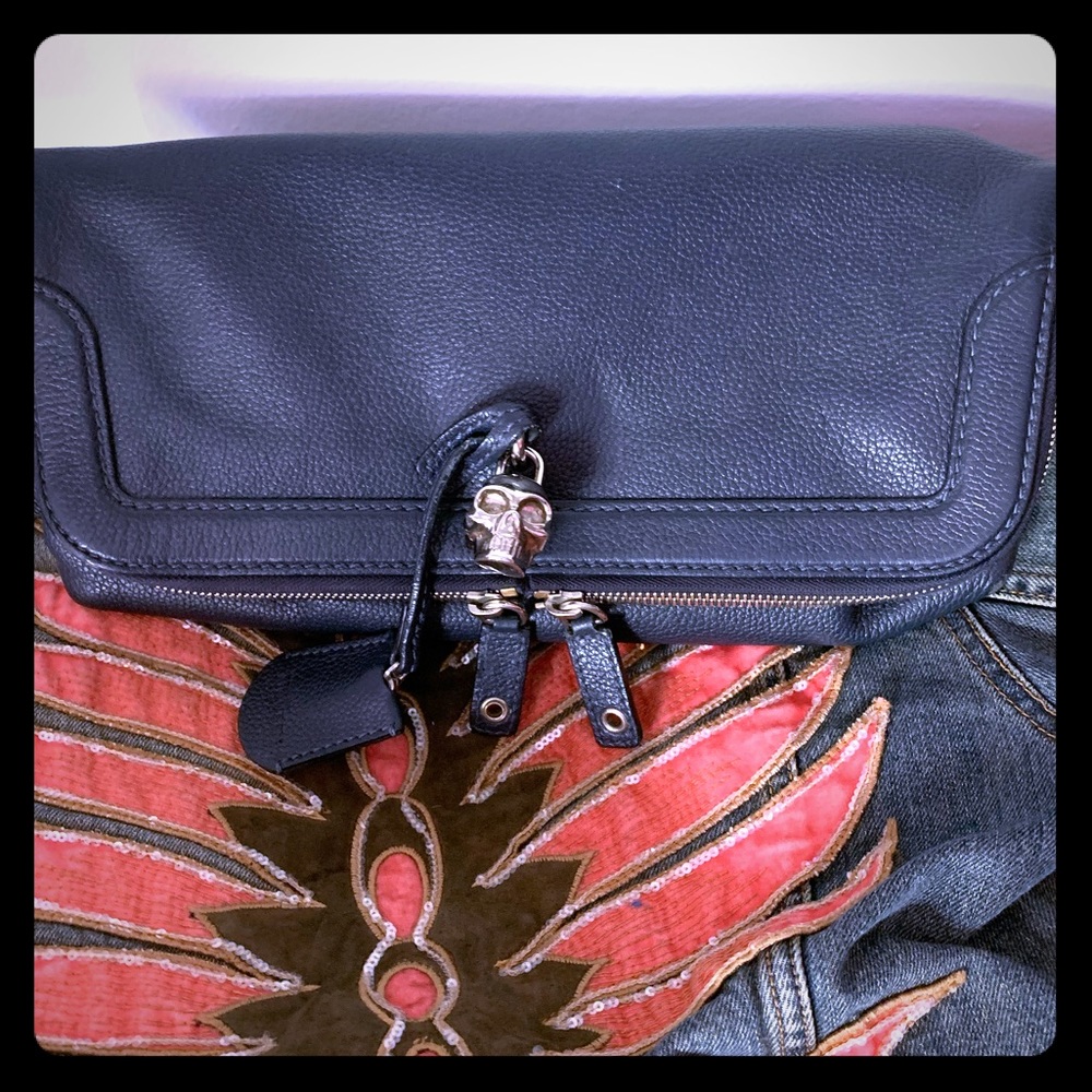 Alexander McQueen navy leather clutch with skull